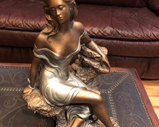 Austin Sculpture “Memories” AP379
Posing on a beautiful metal carved studded Theodore Alexander coctail/Coffee Table. Both in excellent condition.