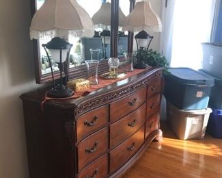 All Wood Dresser with Framed Beveled Mirror and accent pieces