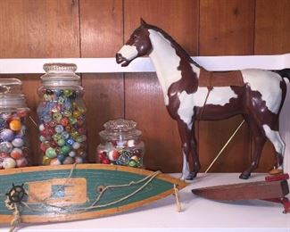 VINTAGE TOYS, MARBLES, 13" PONTO by LOUIS MARX & A WOODEN SAIL BOAT