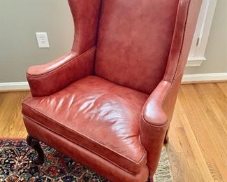 Leather, hobnailed wing back arm chair