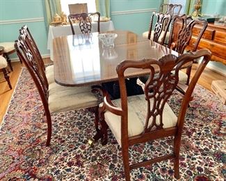 Wellington Hall double pedestal, inlay  dining table and 8 Chippendale chairs