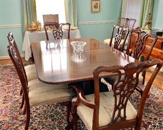 Wellington Hall double pedestal, inlay  dining table and 8 Chippendale chairs