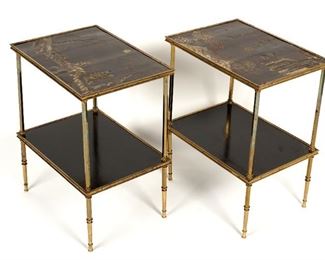Pair of Brass and Chinese Lacquered Panel Tables