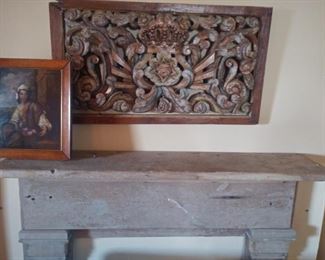 Primitive pine fireplace, Continental 1800s oil painting, carved Chinese wall hanging