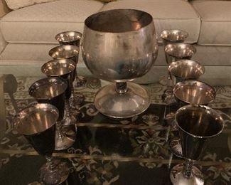 Silver plated Set of 10 glasses plus large bowl $50