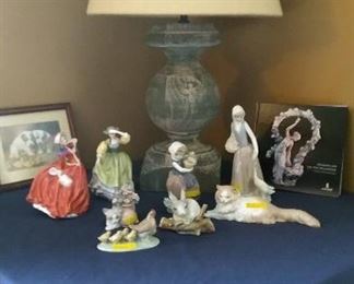 Royal Doulton, Lladro and Nao figures, large table lamp