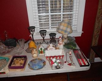 Household Items including Longaberger Foundry Candle Holders, Longaberger ar converted to lamp with Lamp Shade, etc