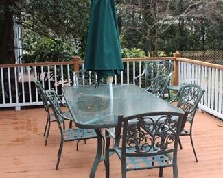8' Aluminum Patio Rectangular Dining Set with 2 Arm Chairs and 4 Side Chairs and Umbrella