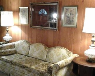 Hollywood Regency style sofa and table lamps