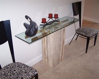 MARBLE-BASE, GLASS-TOP CREDENZA & PAIR OF MODERN SIDE CHAIRS