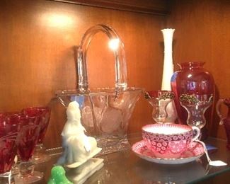Cranberry/depression glass/marble buddha/etched glass basket