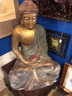 Large antique Chinese Buddha carved wood and painted Buddha