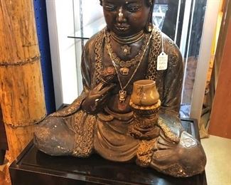 Antique carved wood and painted Buddha with Nippon cup