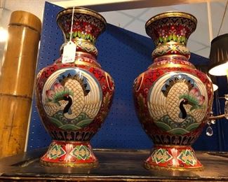 Matched pair of vintage cloisonne vases in a rare red color