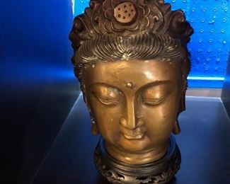 Antique Quan Yin bronze head on stand