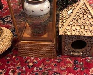 Wood and glass display case and bamboo birdhouse