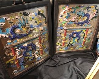 Antique pair of Cloisonne wall panels sold around thirty years ago at Sotherby's .

Dimensions: 17" wide x 20" high