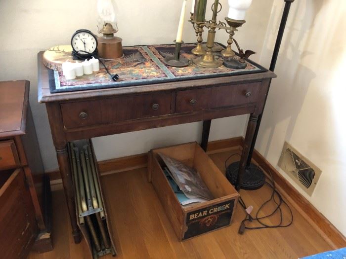 Lamps, candle holders, old stand/table. 