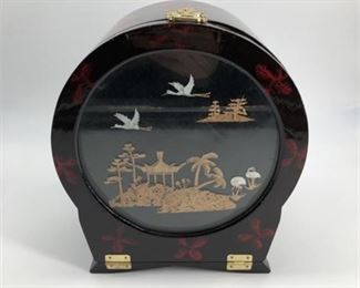 Lot 288
Antique Chinese Cranes Over Island Black Resin Jewelry Box