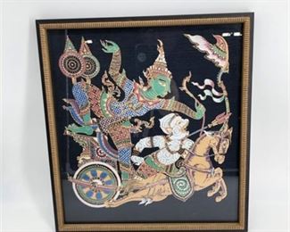 Hindu God Surya Riding Into Battle Block Print on Silk