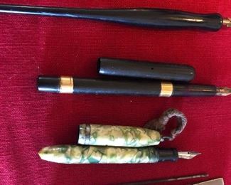 Sterling pencil case, fountain pens, case for tweezers and file.