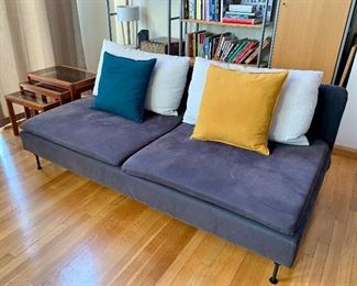 Ikea sofa/pillows with custom MCM feet, sueded material
