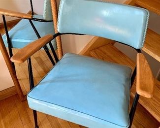 Mid Century Unknown Designer Turquoise Leather Armchair Metal Legs and Oak Armrests