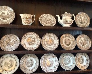 nice selection of antique brown & white transferware