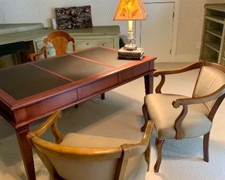 Leather-top writing desk, 3 arm chairs