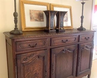 Louis XV-style (c. 1930) oak buffet, 61.5” wide, 39.5” tall, 18.5” deep