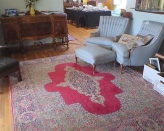 7'9" x 10 Oriental Rug, Pair of Upholstered Chairs & Stool, Frames, 1930's Sideboard