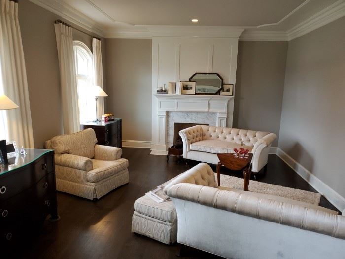 Living Room, Beautiful custom designed velour tufted matching sofas.  Look brand new.  