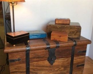 Small Wooden Hinged Chest Lamp Music Box and Small Wooden Boxes