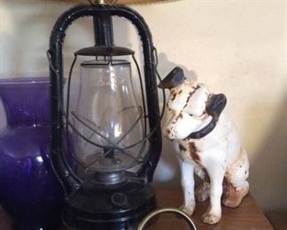 Vintage Lantern Light and Vintage Cast Iron Painted Dog