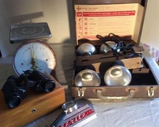 Vintage Movie Lights Scale Binoculars Wooden Box and Magnify Glass