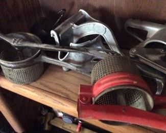 Vintage Vegetable Mashers Coffee Grinder Wooden Box Metal Weight and More