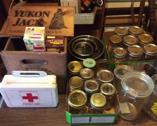 Vintage Yukon Jack Crate with Lid and Mason Jars