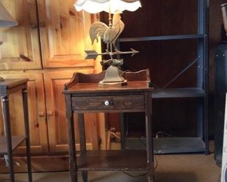 Wooden End Table with Drawer and Rooster Lamp