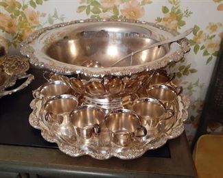 Silverplate punch bowl, cups, and ladle