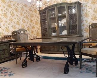 1960s Stanley Ming Jade dining room suite with table, chairs, server, and china cabinet