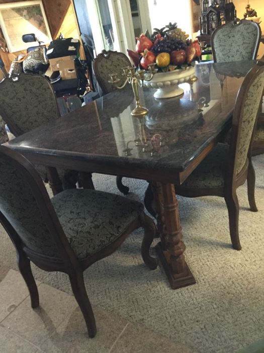Fabulous dining set with granite top, six chairs include two arm chairs