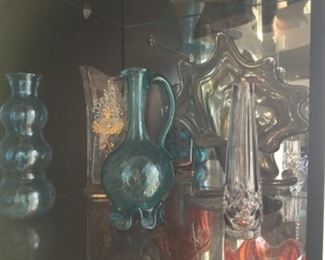 Waterford vases with boxes, colored glass