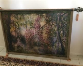 Large painting on photograph hanging trimmed in velvet with hanger and rod
