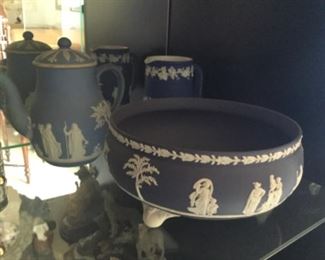 Wedge wood coffee pot, dark blue footed bowl, etc.