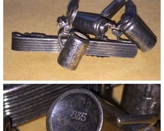 835 Silver Articulated HB German Stein Tie Bar and Cufflinks