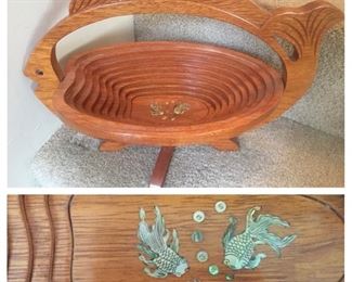 Mid-century Inlaid Wooden Fish Basket/Bowl