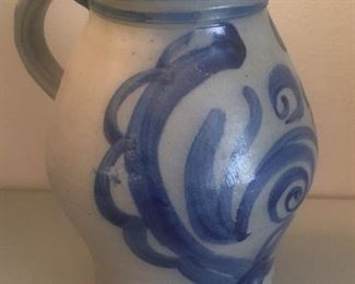 German Cobalt Decorated Pottery Pitcher