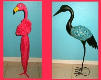 Really Cute Standing Flamingo Umbrella and Tall Metal Bird Sculpture 