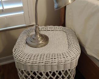 White Wicker Small Night Stand/Table & Goose Neck Lamp