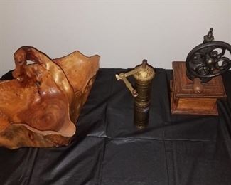 Monkey wood basket  , vintage coffee grinder , pepper mill 